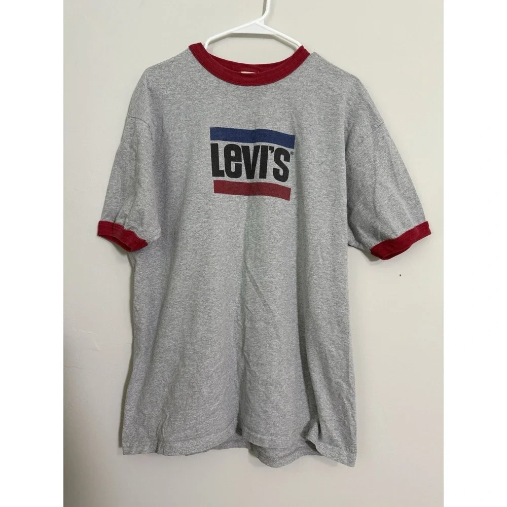 LEVI'S XL Gray Short Sleeve Graphic Ringer Logo T Shirt Unisex Sporty Retro